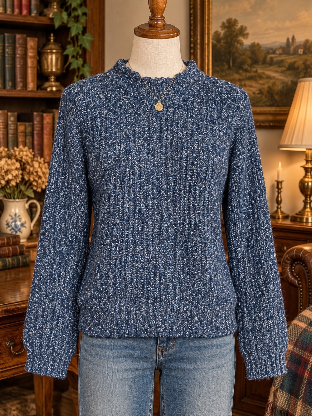 a.n.a Heathered Navy Ribbed Crewneck Sweater
